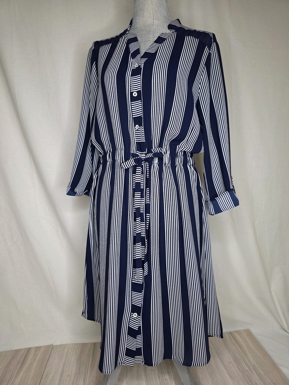 Fifth & Park Navy and White Striped Shirt Dress with Waist Tie